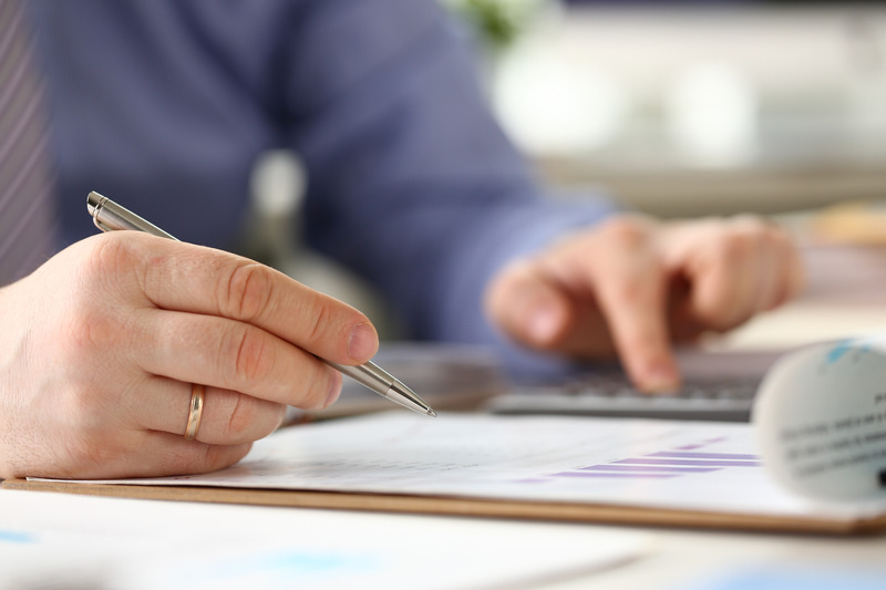 Business Bureaucracy Accounting Expertise Process. Businessman use Chart with Diagram to Calculate Money Balance. Man Accountant Manager at Workplace do Annual Bill Payment, Paperwork